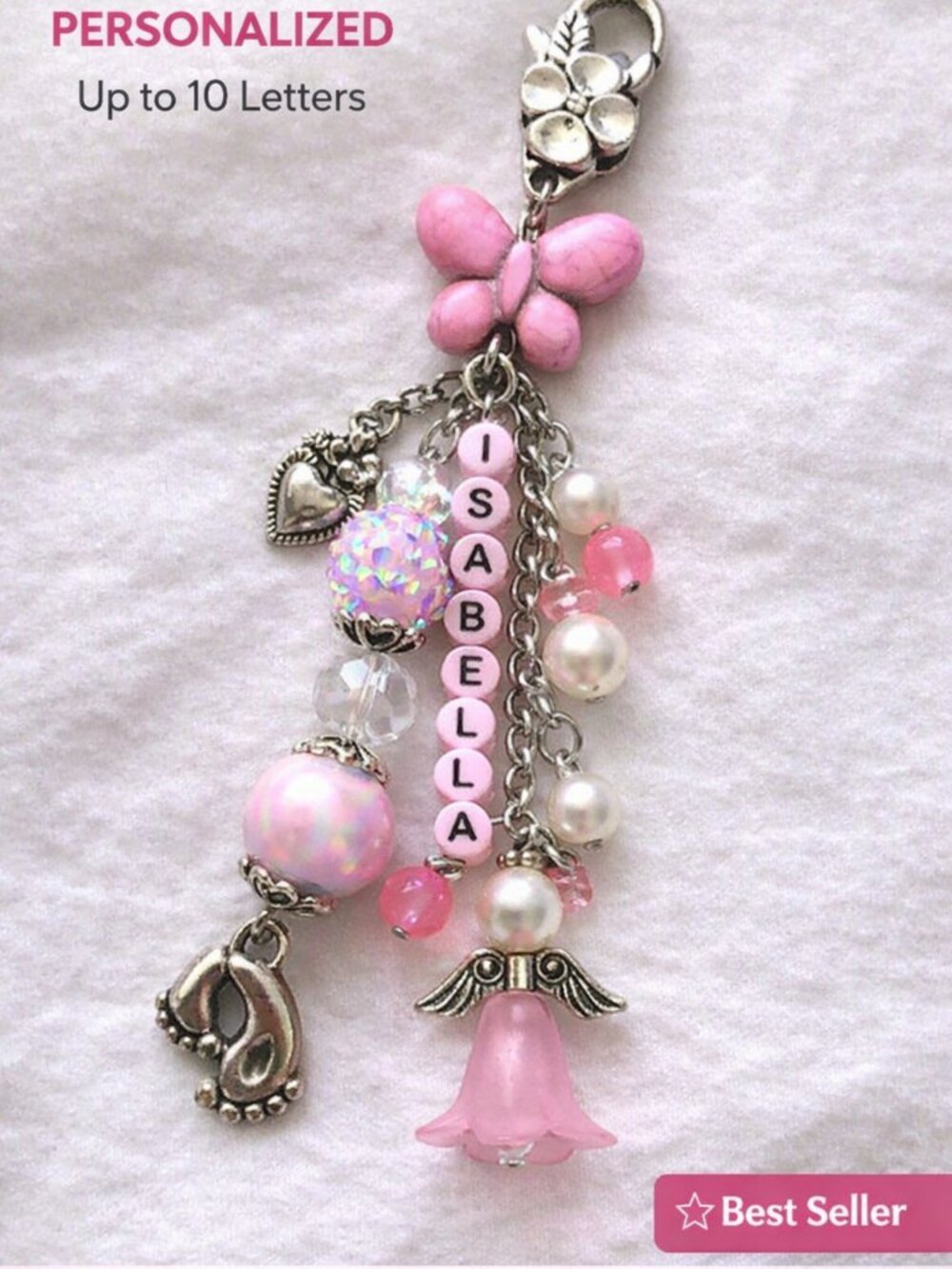 Hand Beaded Angel & Footprint Bag Charm • Personalized New Mom Gift